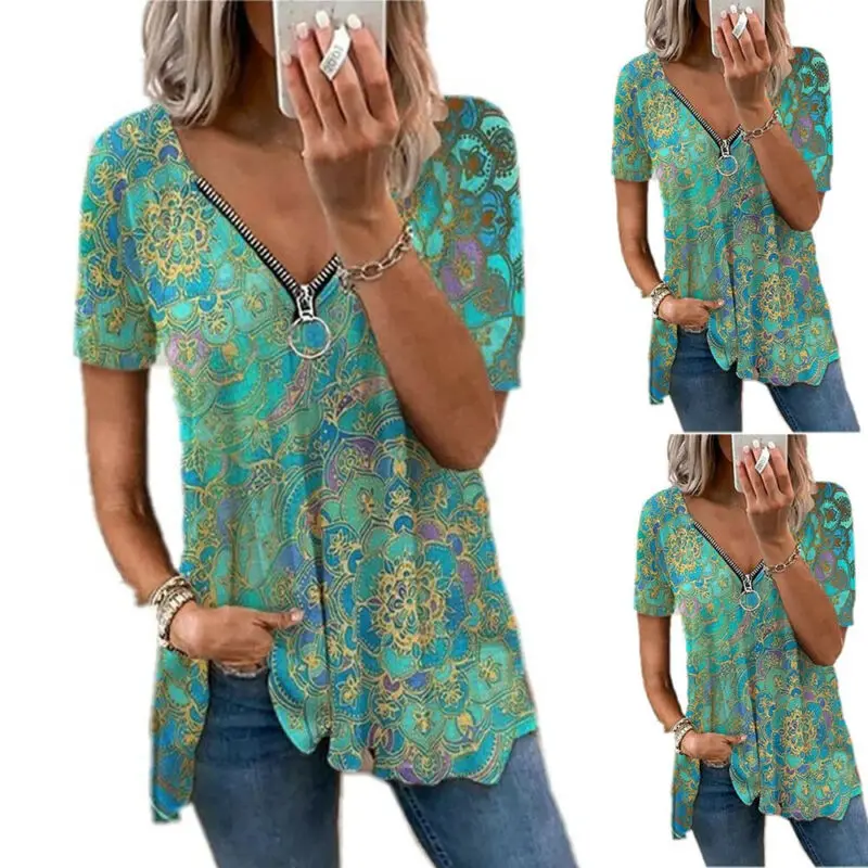 

Womens Print Long Sleeve T-shirts V-Neck Blouse Tops Casual Pullover Zip Tunic