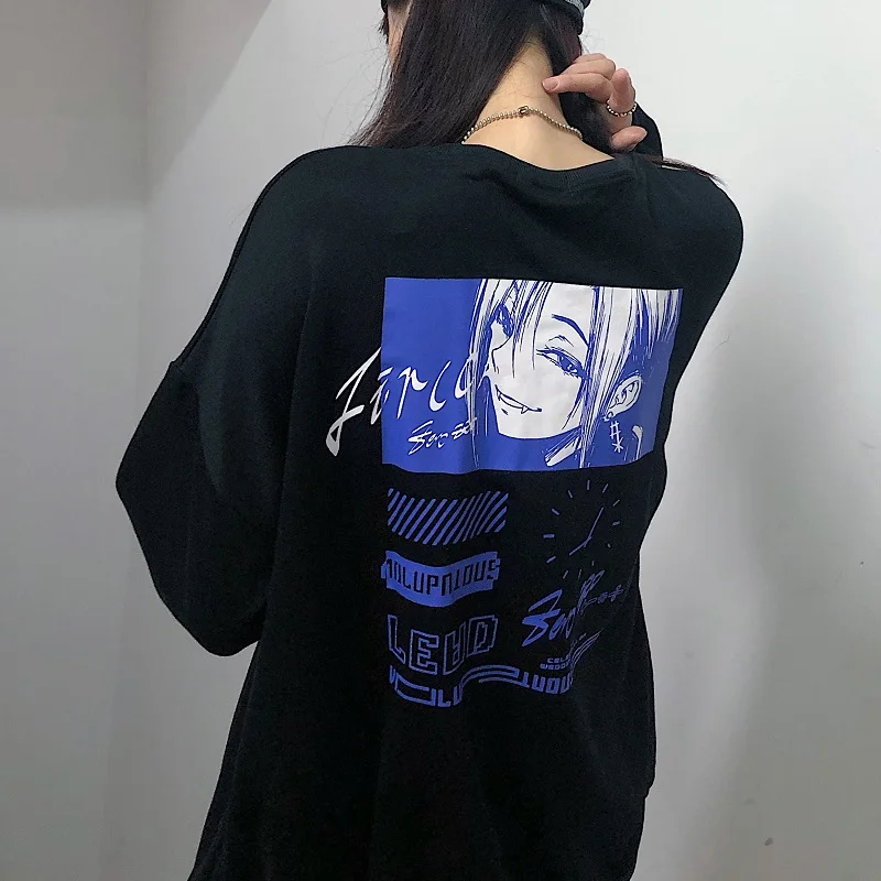 

Harajuku Loose Sweatshirt Japanese Portrait Pattern Pullover Plus Velvet Thick Autumn Winter White Women'S Sweatshirt Streetwear