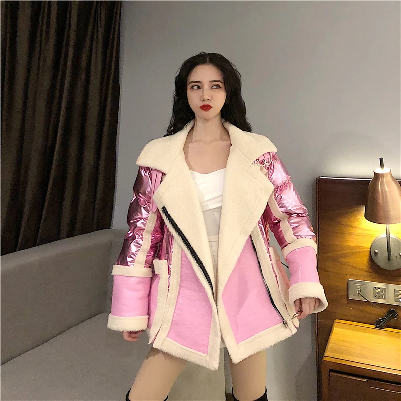 WHITNEY WANG осенне-зимняя модная уличная шерстяная куртка из искусственной кожи с подкладкой женская кожаная куртка в байкерском стиле Толстая парка пальто
