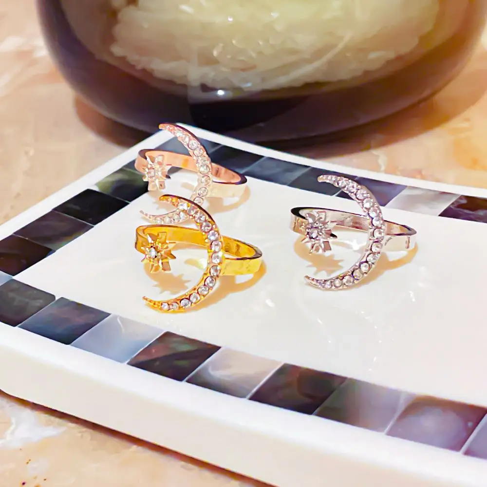 

ONEIRIC DIARY Vintage Zircon Star Moon Rings Open Adjustable For Women Finger Ring Fashion Charm Lady Girl Jewelry