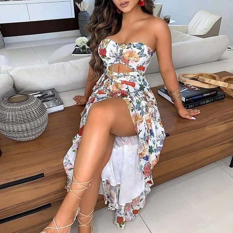 

2022 New Skirt Summer Sexy Wrapped Chest One Word Collar Overall Print Off-shoulder Ruffled Slit Mid-length Women Bodycon Dress