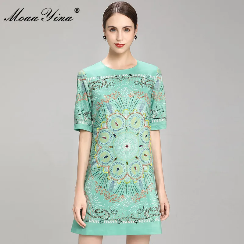 

MoaaYina Fashion Designer dress Summer Women's Green Short Dress Round neck Short sleeve Beading Printed Vintage Mini Dress