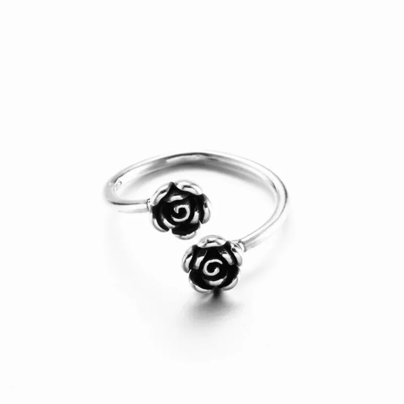 

New Simple Temperament Flower Fashion Retro 925 Sterling Silver Jewelry Not Allergic Double Rose Opening Rings SR477