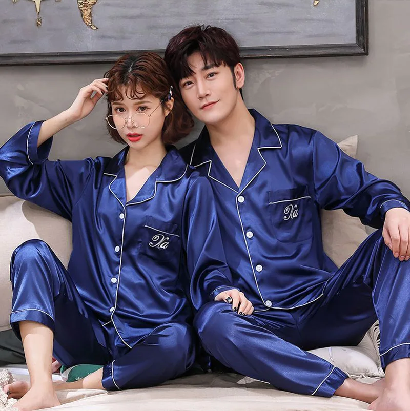 Solid Color Sleepwear Silk Satin Pajamas Couple Set Long Button-Down Pyjamas Suit Pijama Women Men Loungewear Plus Size Set