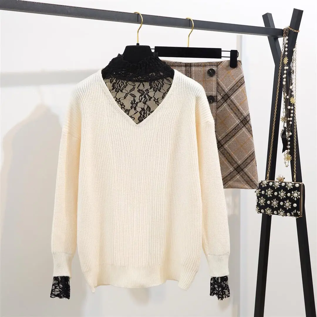 Autumn Winter Women 2 Piece Runway Set Striped Knitted Tops Long Sleeve Sweater + Buttons Mini Woolen Skirt | Женская одежда