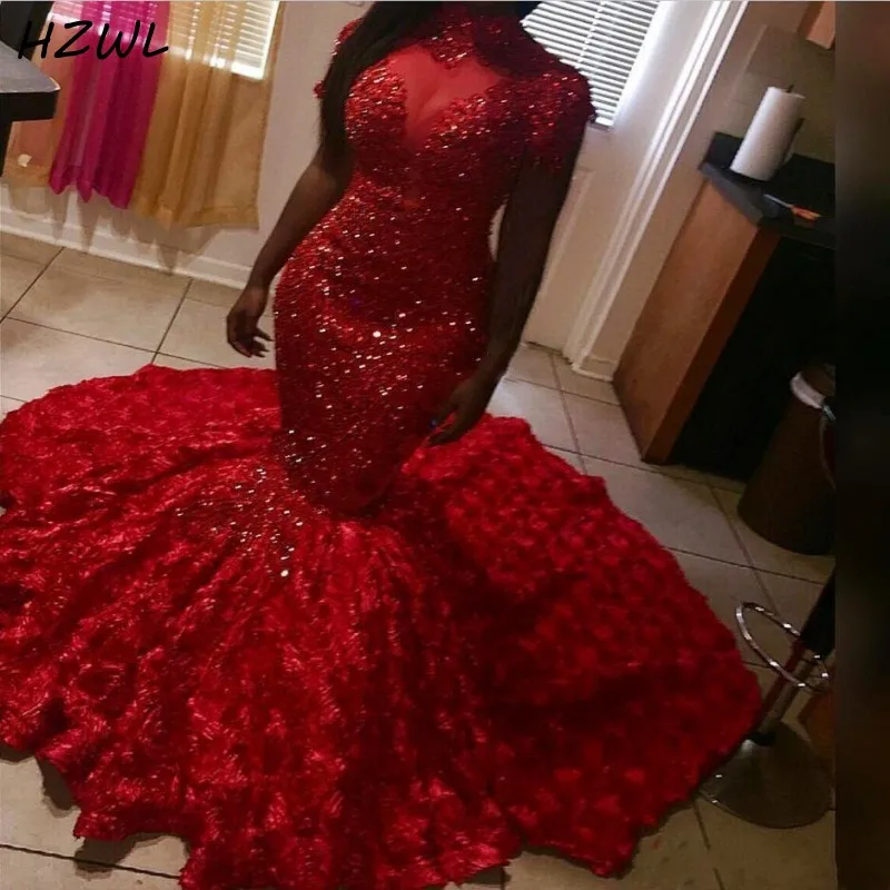 2K20 красное платье для выпускного вечера с русалочкой Длинные розовые цветы