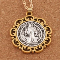 10pcs 2 tone flower saint benedict exorcism medal catholic cross 33mm pendant necklaces n1705