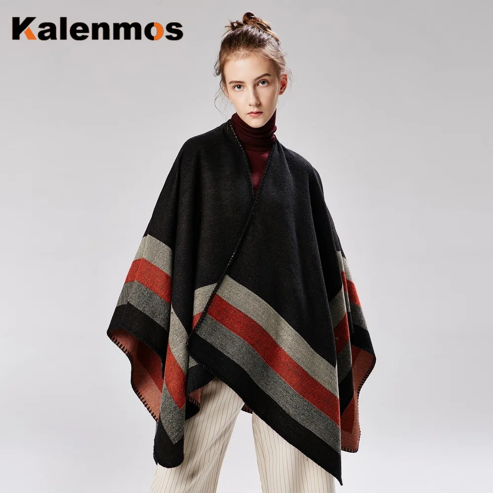 

Thick Cloak Women spring fall Winter Poncho Scarf Stripe Travel Shawl Imitation Cashmere Capes National Wind Fork Thicker Cloaks