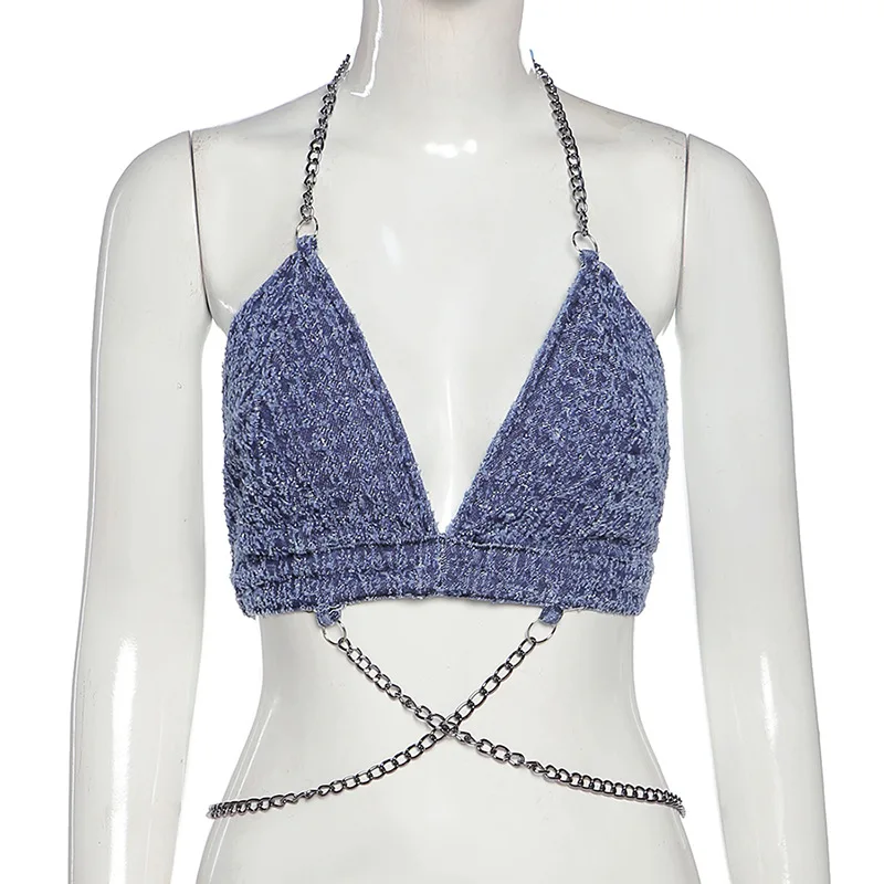 

Summer Fashion Chic Halter Chain Crop Tops for Women Backless Cropped Feminino Blue Wrap Top 2021 Streetwear