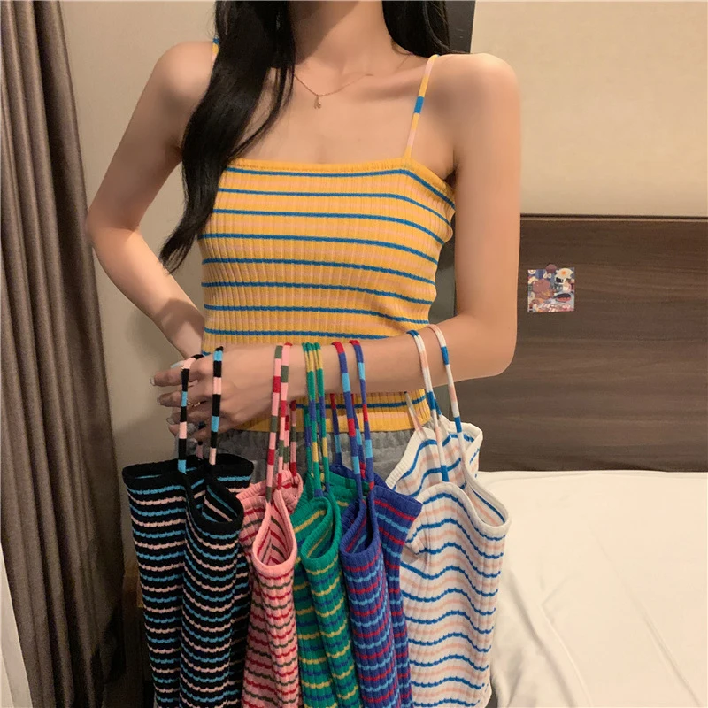 

2021 New Crop Tops Rainbow Striped Knitted Tops Summer Ladies Sleeveless Spaghetti Sexy Slim Femme Strapless Camisole for Women