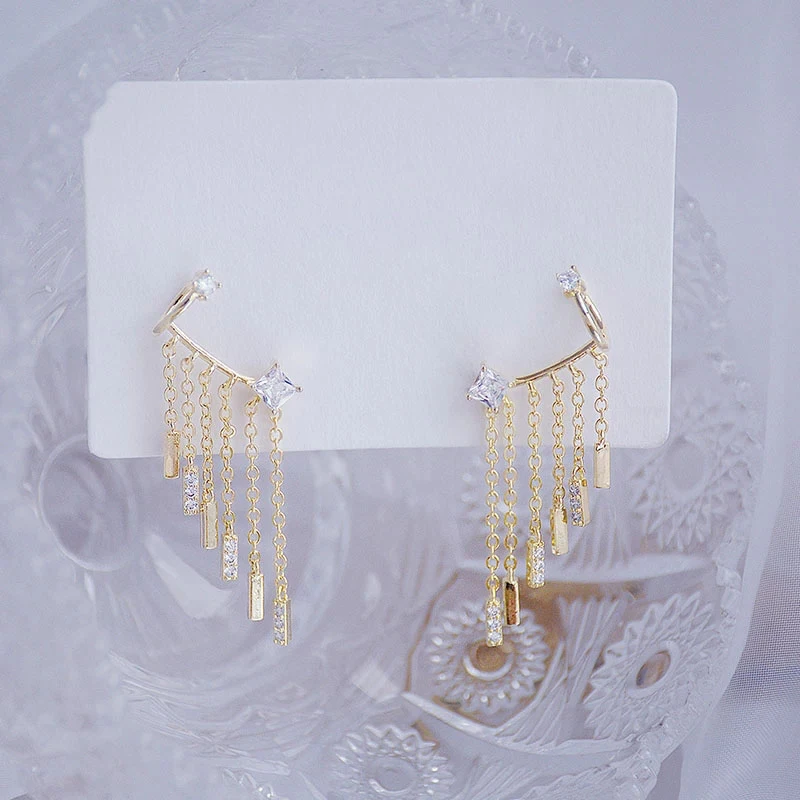 

Gold Earclip Charm Wedding Engagement Clip Earring Jewelry Luxury Temperament Bling Zircon Tassel Earring For Women