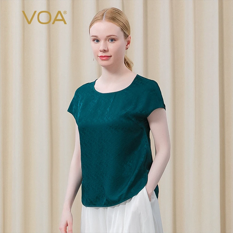 

VOA Silk Jacquard Round Neck Short Sleeve Solid Color Straight Tube Loose Casual Home Light Breathable T-shirt Summer BT072