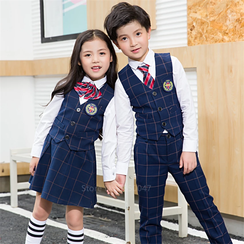 Children Korean Japanese Kindergarten Primary School Uniform Boy Girl Academic Navy Kawaii Waistcoat Vest Tie Clothing Set Suit