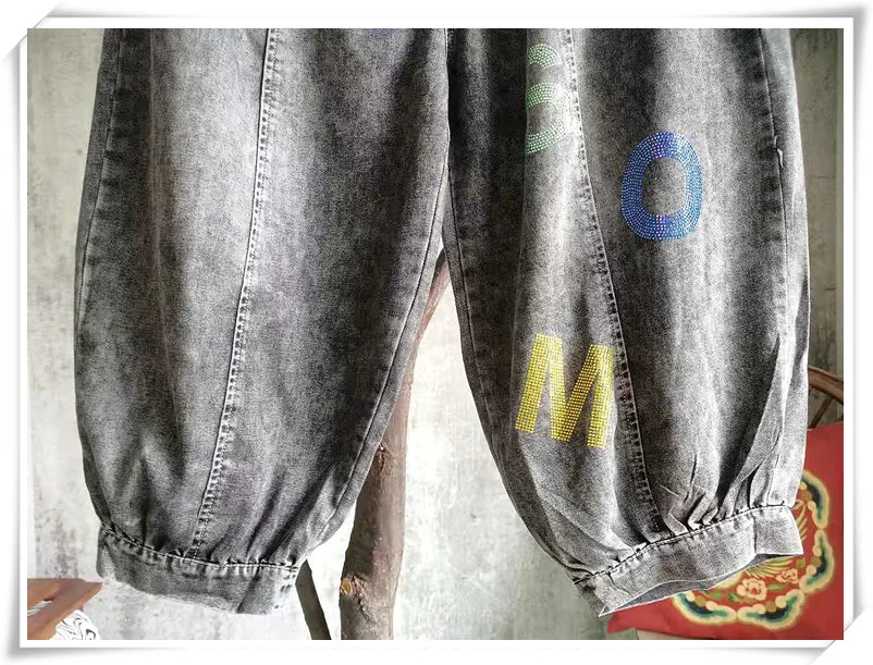 

LYUZHE Vintage Diamond Letter Harem Pants Women 2021 Summer Denim Trousers Fashion New Loose Fit Women Pants Black QDY127