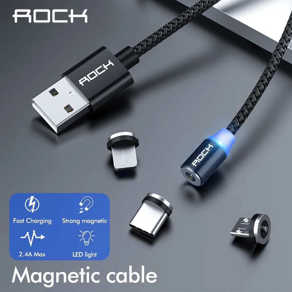 Магнитный кабель ROCK для быстрой зарядки с разъемом type-C Micro Usb для быстрой зарядки Usb C светодиодный светильник для iPhone Xiaomi huawei Phone 1 м магнитное зарядное устройство