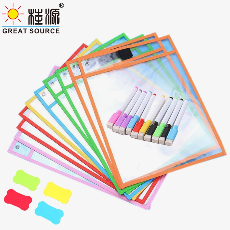 Dry Erasabl  Pockets Transparent Write PETReusable Wipe Drawing Bag Dry Brush Bag File Pocket Color Pens For Kids Dooble(20Sets)