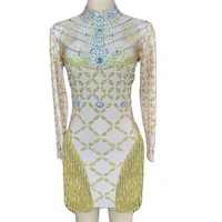 shining diamonds floral print half high collar women dress long sleeve tight stretch tassel drag queen evening prom outfit