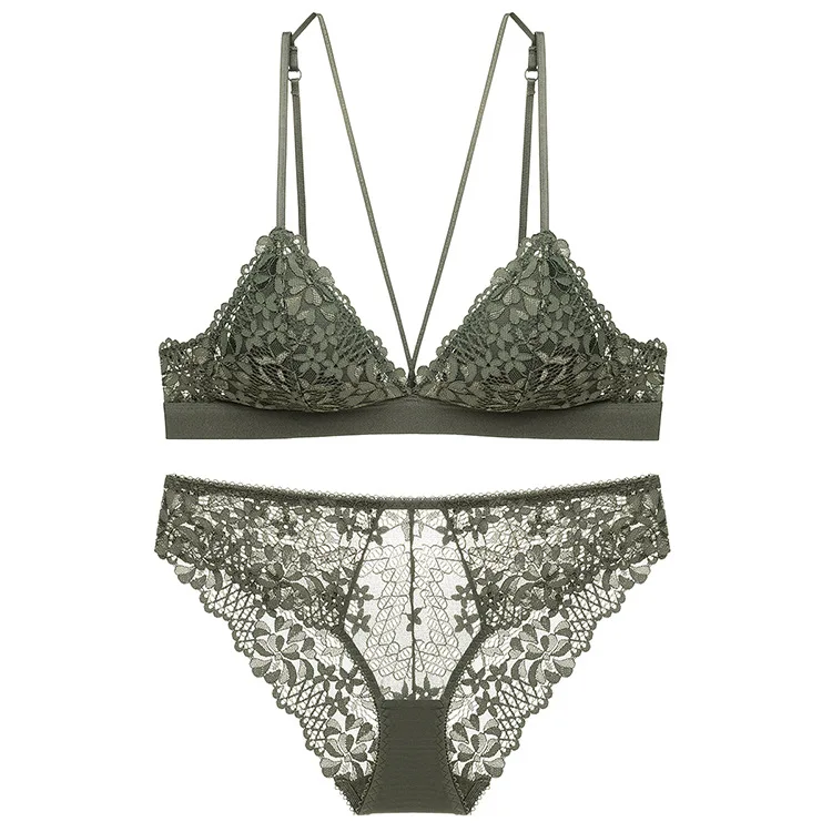 

High Quality Women Underwear Ultrathin Sexy Lace Bra Set Deep V Hollow Wireless Push Up Bra and Panties 2 Piece Set Lingerie
