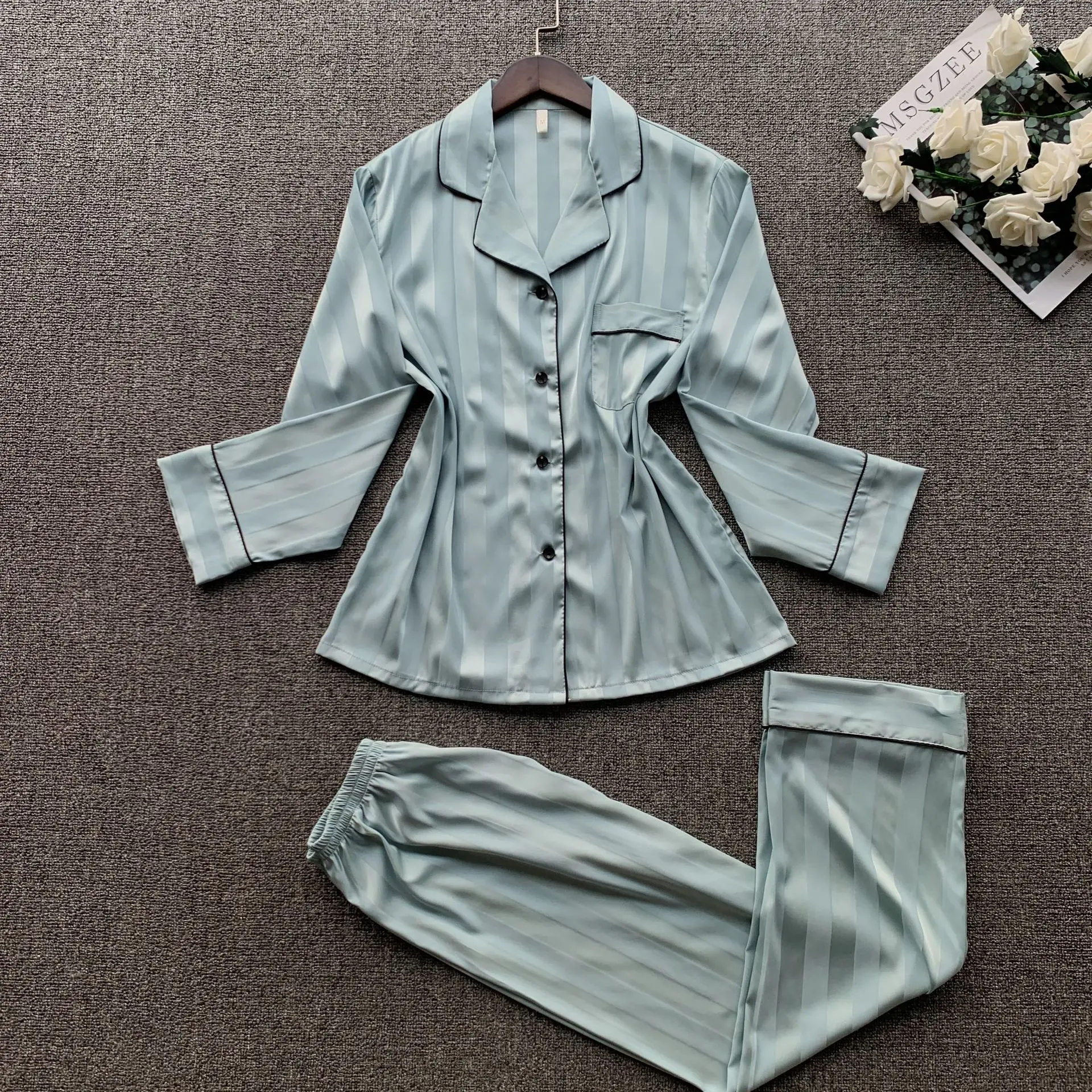 

Women's Faux Silk Satin Flower Crane Printed Pajamas Sleepwear Long Sleeves Pants Female Sleep Two Piece Set Lounge Homewear