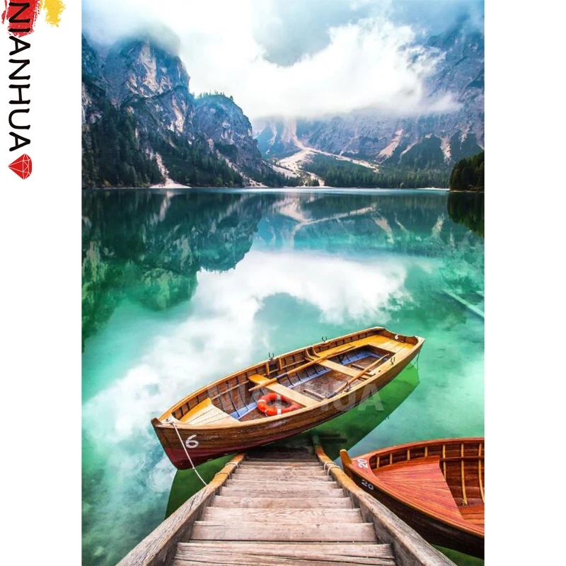 

Diamond Painting Wooden Boat Landscape Lakeside 5D DIY Square Round Embroidery Hand Mosaic Kit Photo Mural Decoration