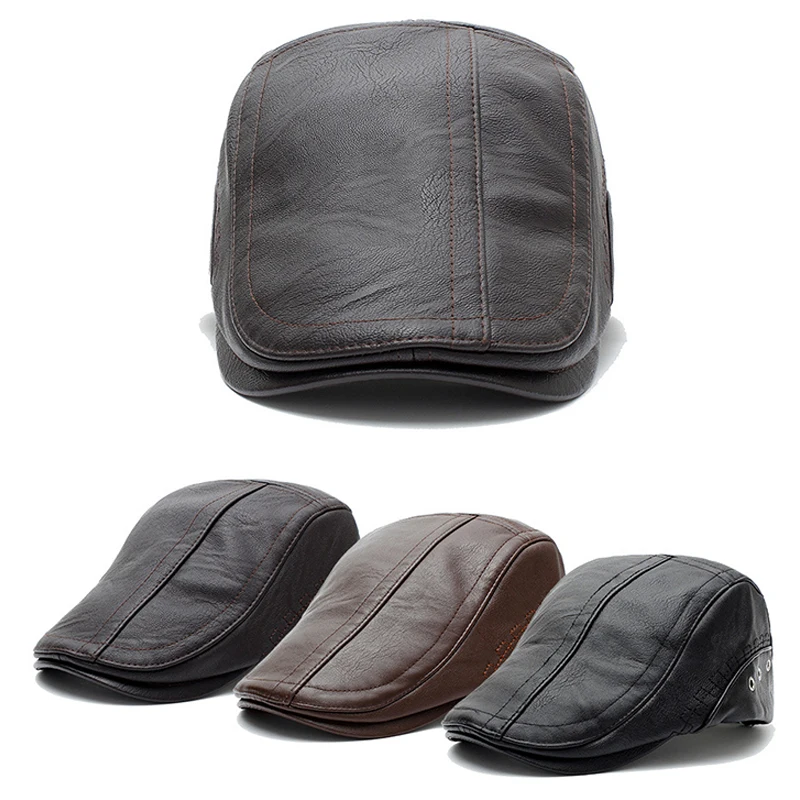 

New Men's Caps European And American Fashion Autumn Winter Men PU Leather Solid Color Beret Hat Casual British Retro Flat Cap