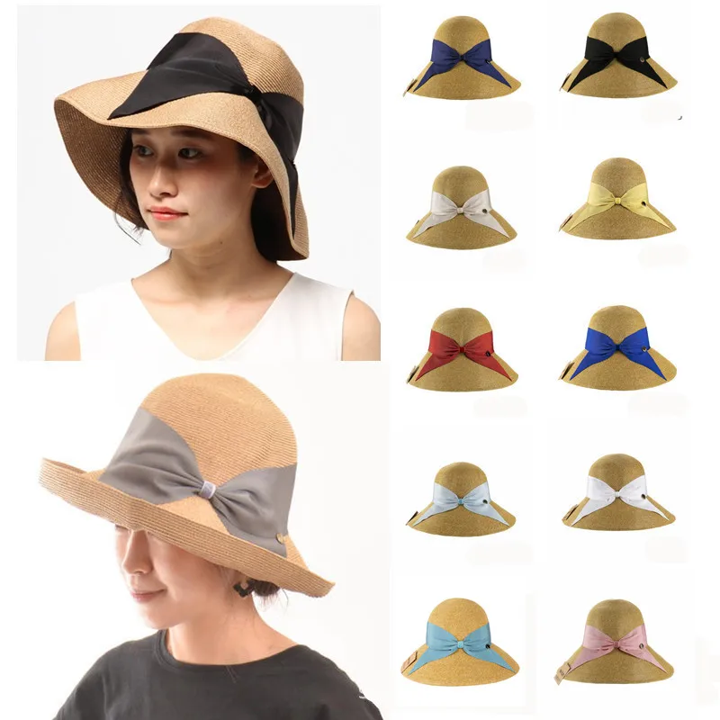 

Brand Summer Hats For Women Bowknot Candy Color Straw Sun Cap Lady Girls Beach Wide Brim Sunscreen Collapsible Travel Gorras