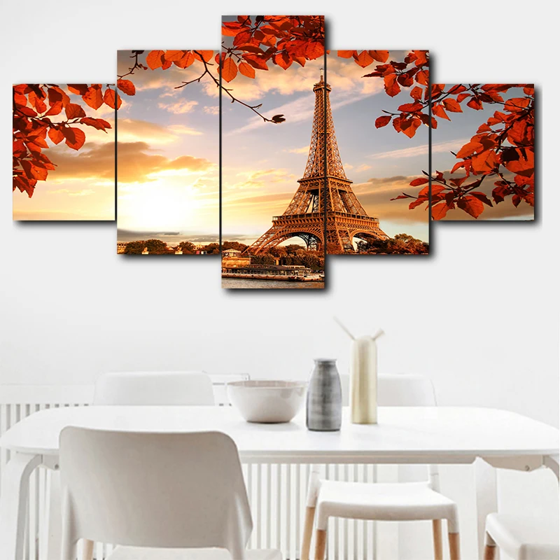 

Canvas Wall Art Picture Printing Modular Home Decor 5 Panel Autumn Paris Tower HD Living Room Painting Modern Poster(No Frame)