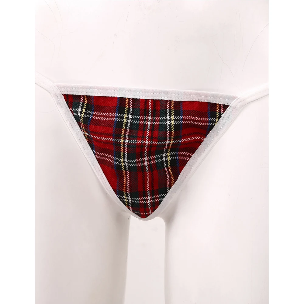 Women Sexy Cosplay School Girl Costume Halter Tie-on Bra Top with Mini Plaid Skirt G-string Lingerie Set Adult Roleplay Uniform |