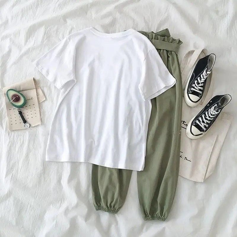 

2020 Women Fashion Casual 2 Piece Set Concise All-match Short Sleeve T-shirt Solid Color Pants new