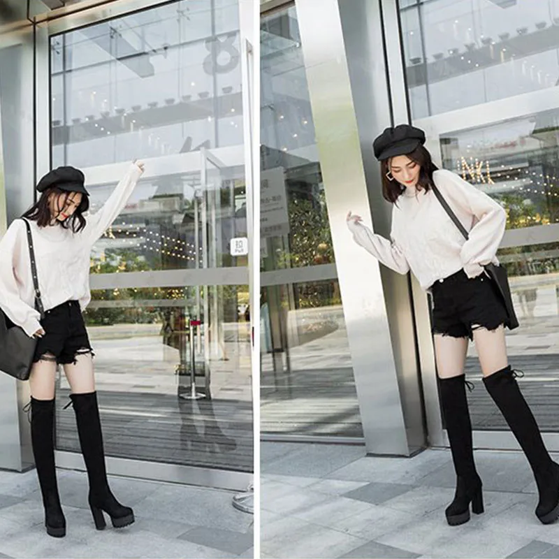 Женские сапоги до колена из искусственной кожи на блочном каблуке в стиле