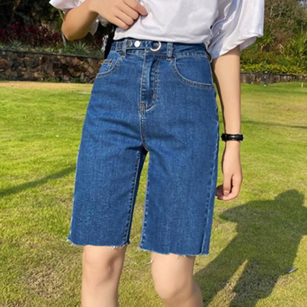 Женские джинсовые шорты с завышенной талией белые шорты-бермуды до колена лето
