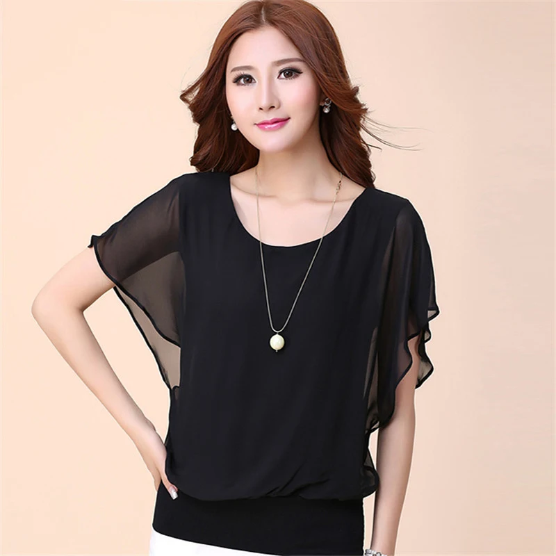 

VIIANLES Womens Tops and Blouses Blusas Mujer Chiffon Shirt Summer Black White Batwing Sleeve
