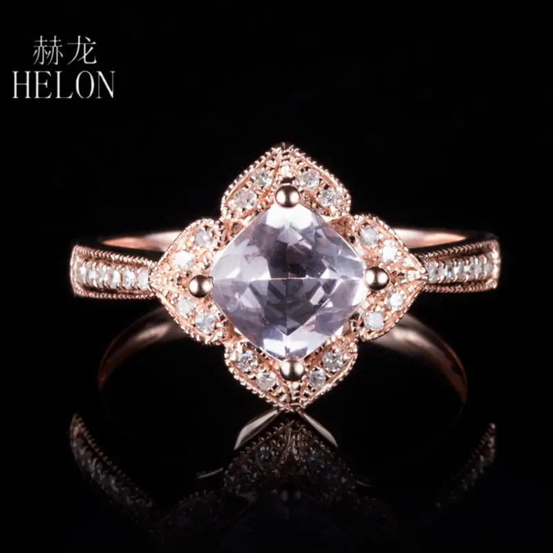 

HELON Solid 14K покрытое розовым Золотая Подушка 6,5 мм Натуральная морганит бриллиантами обручальное кольцо для женщин на день рождения Anniversarry лу...
