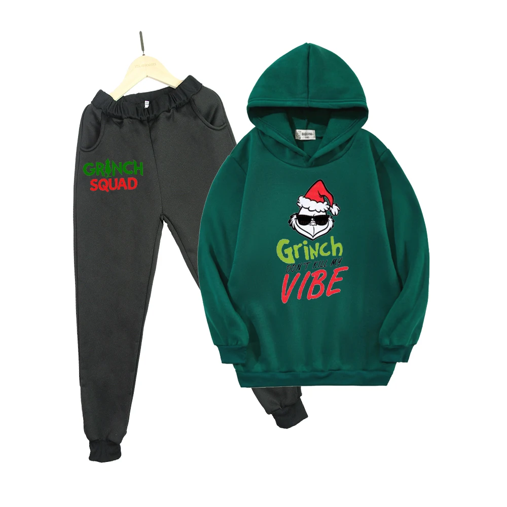 

Grinch Squad Merry Christmas Funny Hoodies Boy Girl Sweatshirts Suit Kid Children Cartoon Present Little Baby Harajuku 2PCS Set