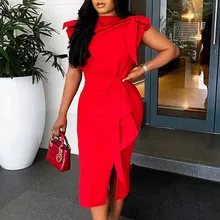 Elegant Lady Red Midi Bodycon Dress Bowtie Sleeve Ruffles Slit Christmas Date Night Party Clothes Big Size Women Birthday Wear (4)