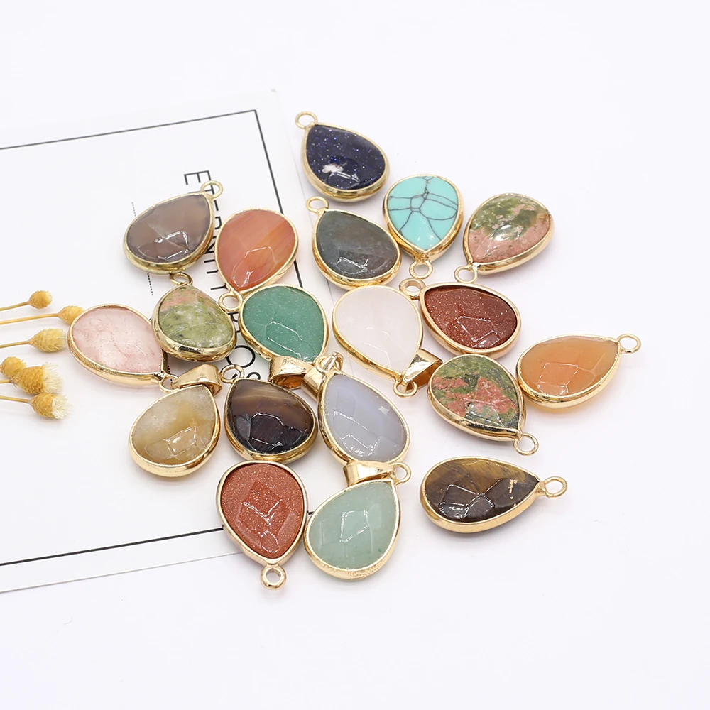 

6pcs Natural Agates Gilded Water Drop Shape Tiger Eye Stone Pendant for Necklace Earring Jewelry Making Women Gift Size 15x24mm