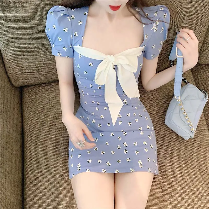 

Japanese Sweet Sexy Slim Floral Print Lady Dress Korean Summer Vintage Off The Shoulder Square Collar Bow Women Dress One-Piece