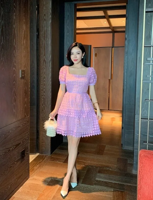 

New Fashion Retro Sexy Puff Sleeve Lace Mini Dress 2021 Korean Women Elegant Bodycon Pink Lace Dress Vestidos