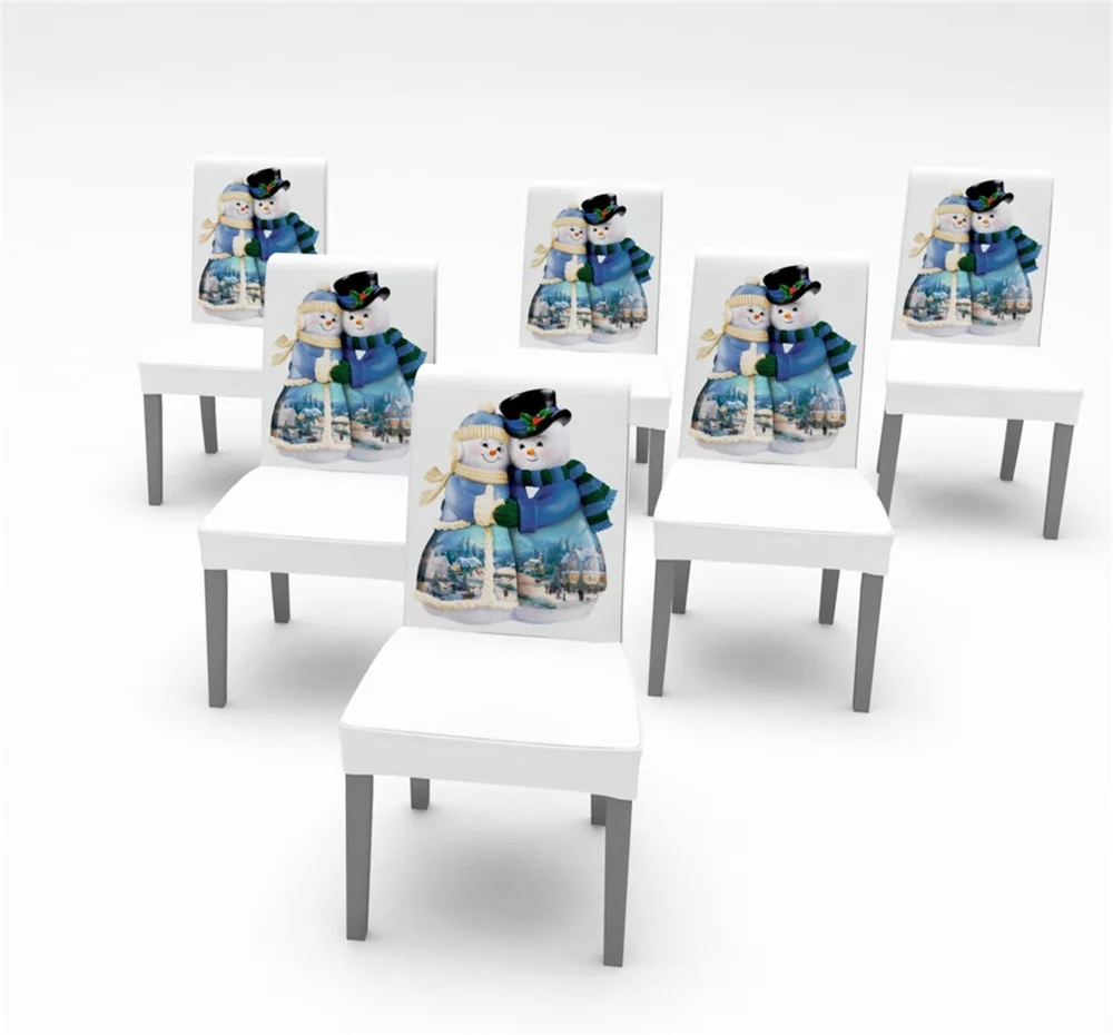 Рождественский декоративный чехол на стул стрейчевый со снеговиком для