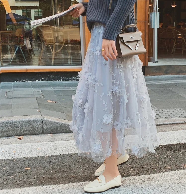 

Женская сетчатая юбка, элегантная юбка средней длины с вышивкой, флисовая трапециевидная юбка с высокой талией, женская уличная одежда