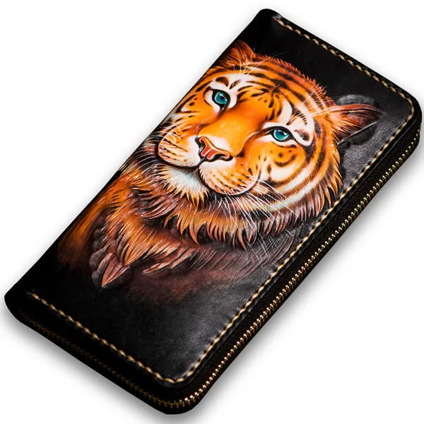 

Famous brand high-end handmade wallet men and women long zipper bag leather carved wallet wallet leather cloth bag clutch bag