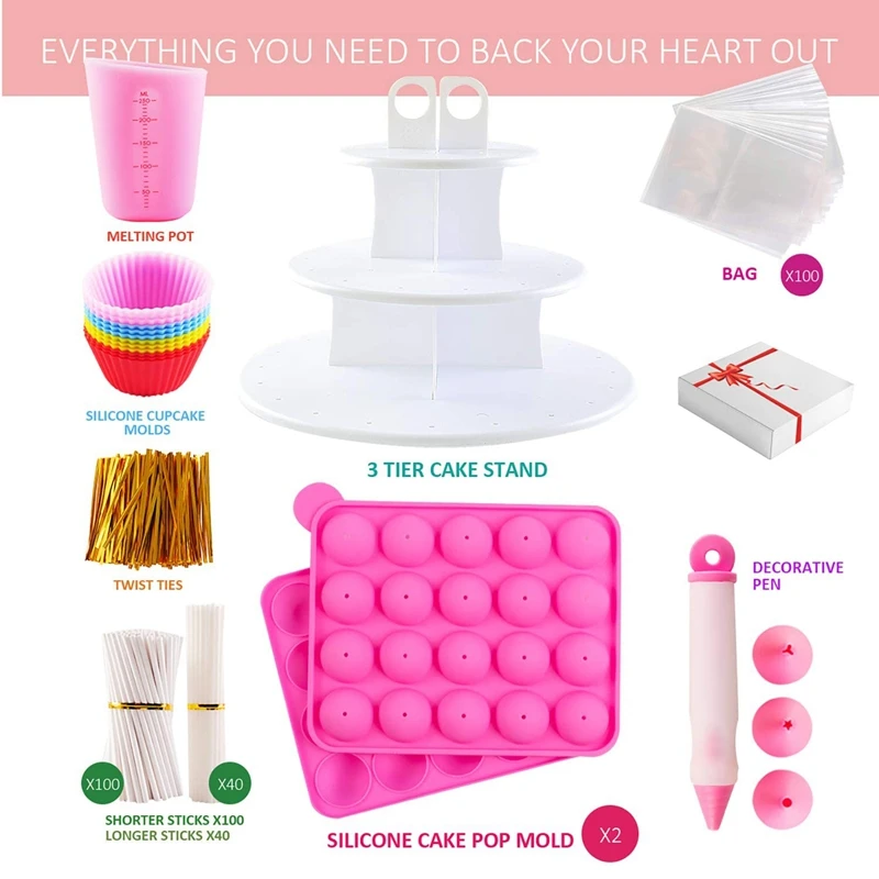 

Cake Maker Set with Silicone Cupcake Molds with 3 Tier Cake Stand, Chocolate Candy Melts Pot, Paper Lollipop Sticks Set