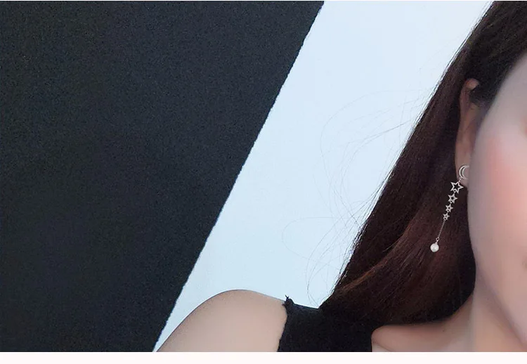 

100% 925 Sterling Silver Crystal Star Moon Long Drop Earrings For Women Fashion Jewelry brincos pendientes