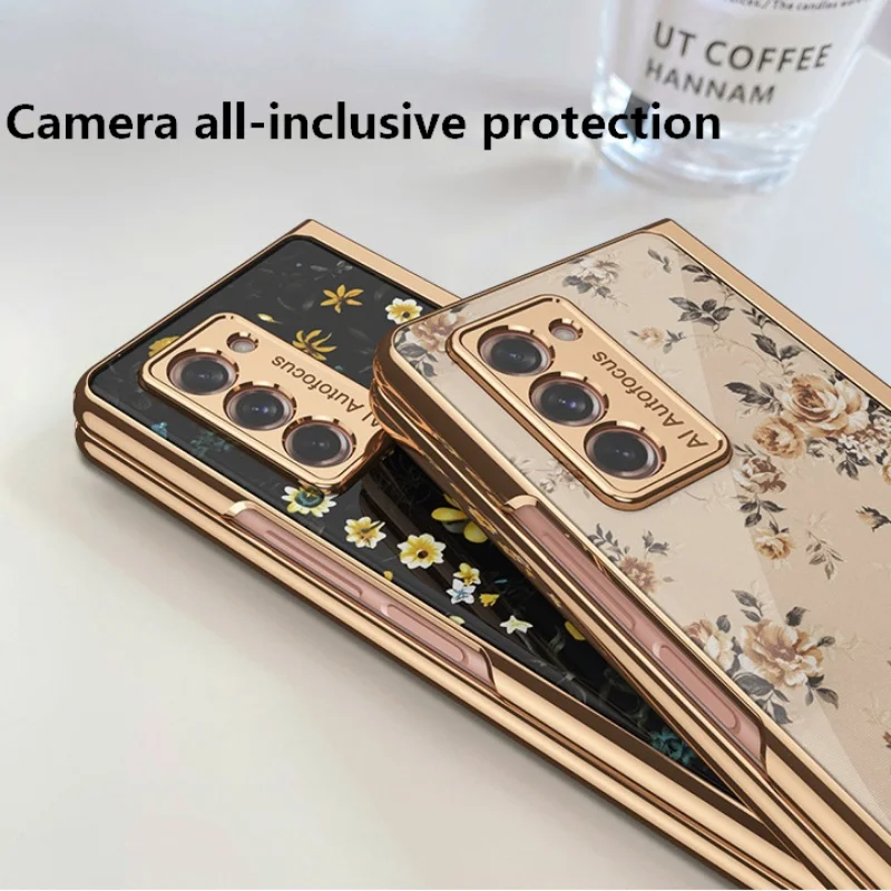 

Luxury Floral Tempered Glass Case for Samsung Z Fold 3 Case Vintage All-inclusive Shockproof Shell for Galaxy Z Fold 2 Case