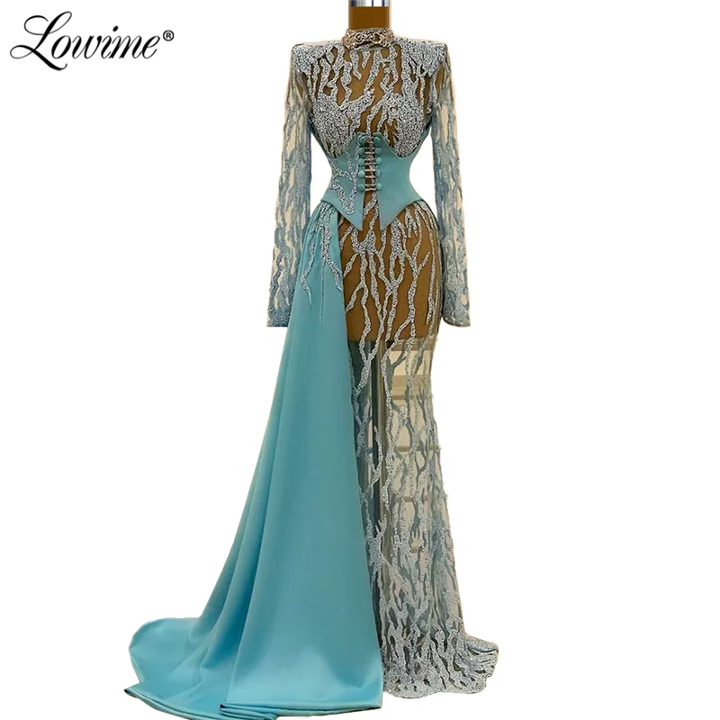 Lowime Luxury Robes Beading Dubai Evening Dresses 2021 Couture Long Sleeves Customized Party Gowns Arabic Illusion Prom Dresses