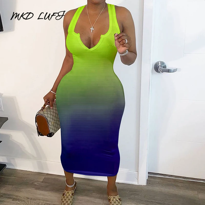 Mid-Calf Print Sleeveless Pullover Gradient Dress Women V Neck Thick Strap Sheath Bodycon Dresses | Женская одежда