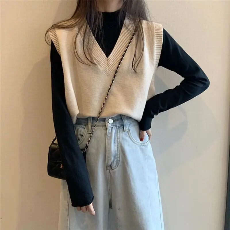 

NEW Sweater Vest Women Solid Autumn Winter All-match Leisure Outerwear Knitted V-Neck Sleeveless Female Elegant Chic Simple