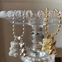 delicate gold silver color metal cartoon bear zircon pendant necklace for women shiny crystal minimalist temperament necklace