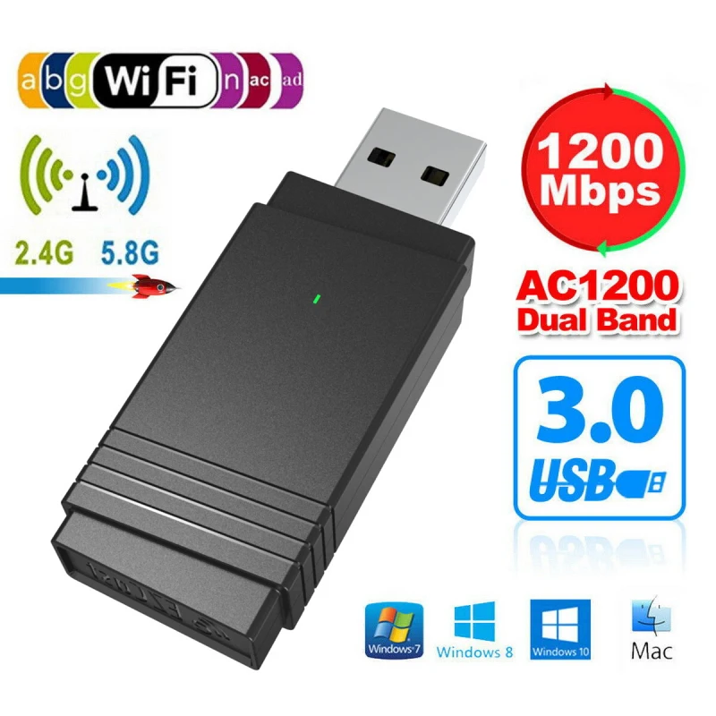 

Wireless Network Card 2.4/5GHz 802.11ac Connectors Mini Dual Band 1200Mbps USB WiFi Wireless Adapter
