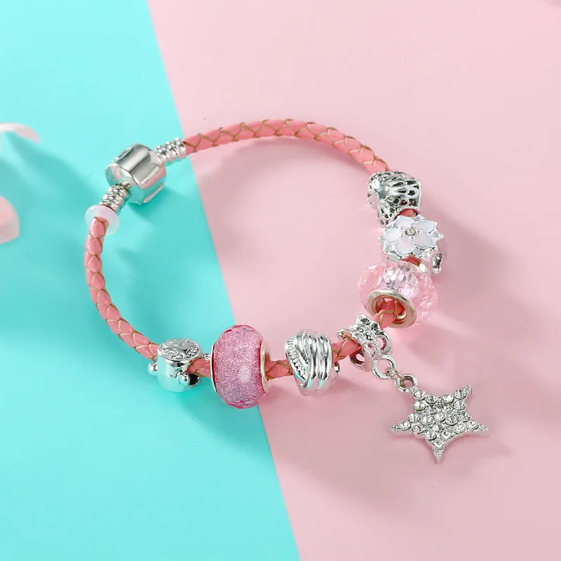 Винтажные розовые браслеты pandora с кристаллами и серебряными звездами подвесками